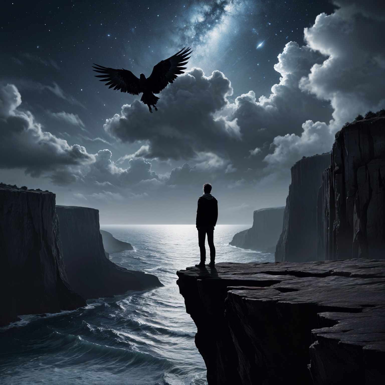 Solitary Figure on Cliff Overlooking Ocean and Stars