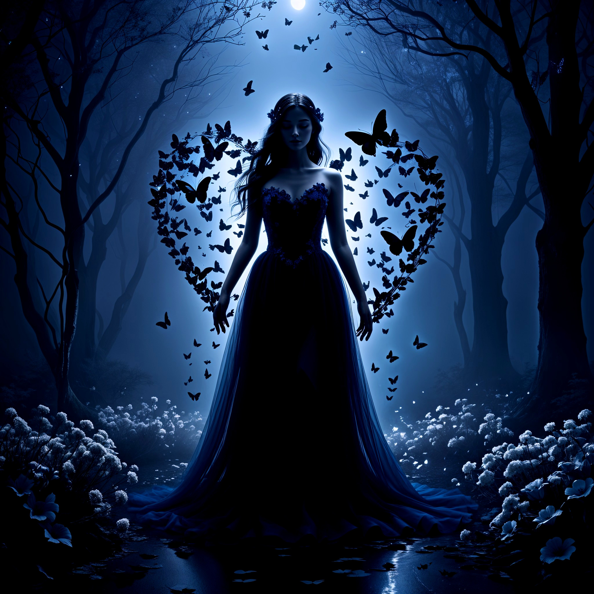 Moonlit Forest with Woman in Dark Gown and Butterflies