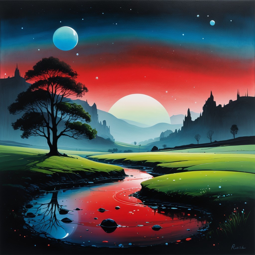Twilight Landscape with Tree and Reflective Stream