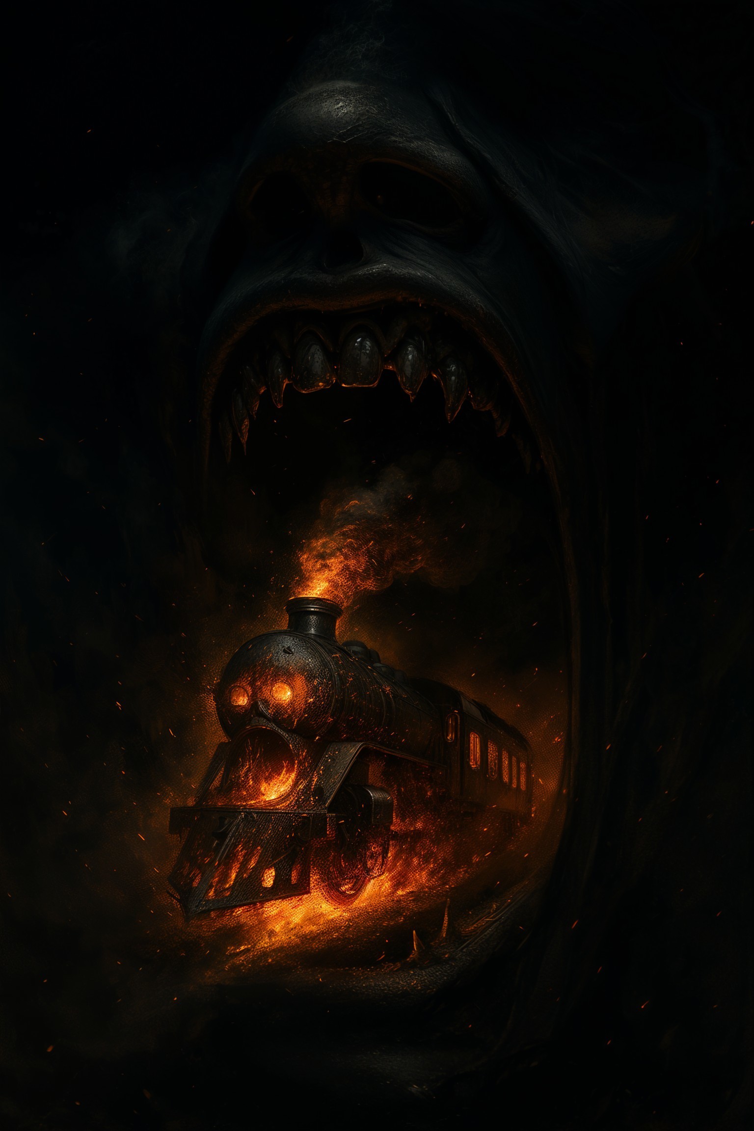 Grotesque Face with Emerging Fiery Steam Train