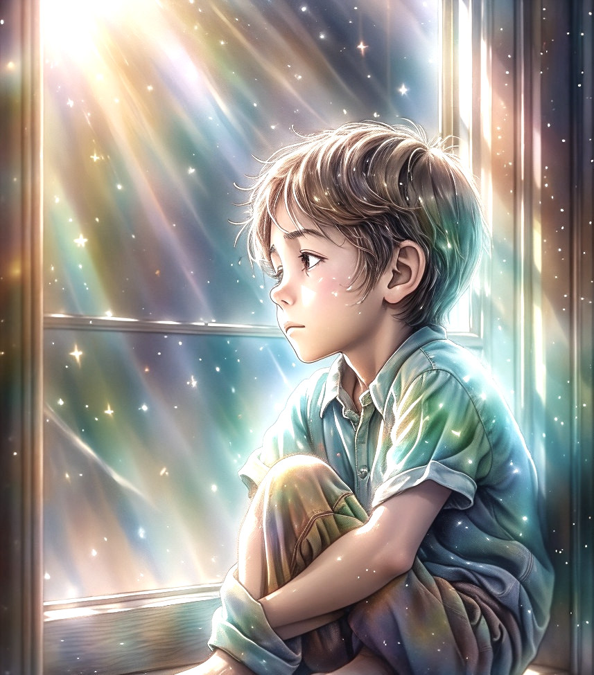 Young boy gazing thoughtfully by a window with light