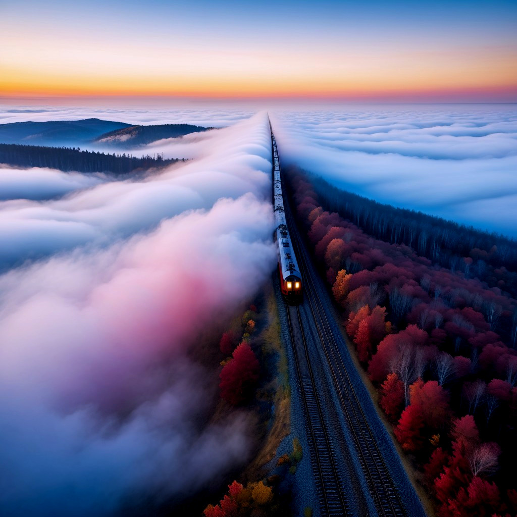 Train Journey Through Fog and Autumn Foliage