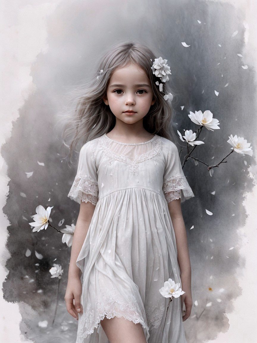 Ethereal Portrait of a Girl with Grey Hair and Flowers