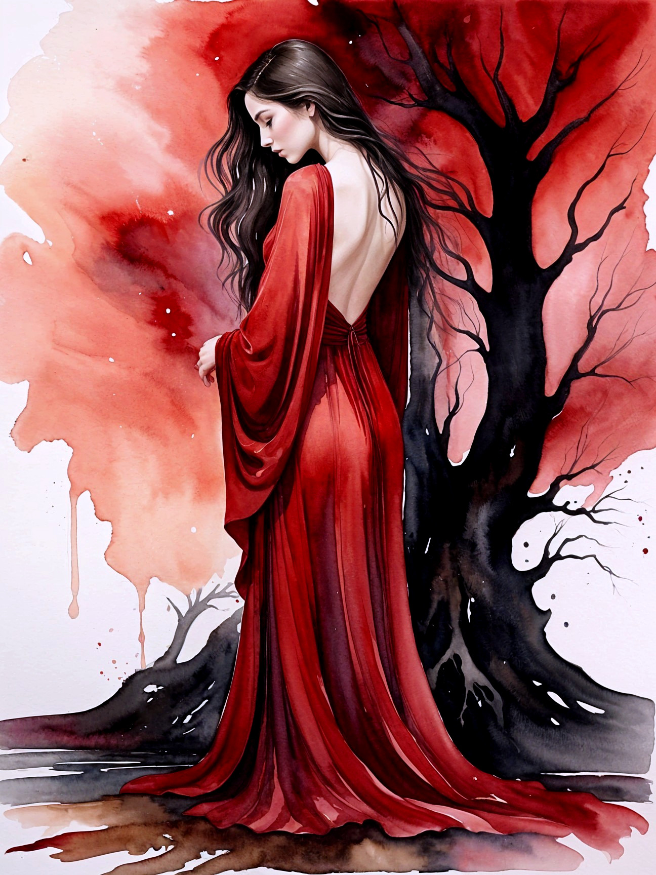 Graceful figure in red gown against dark backdrop