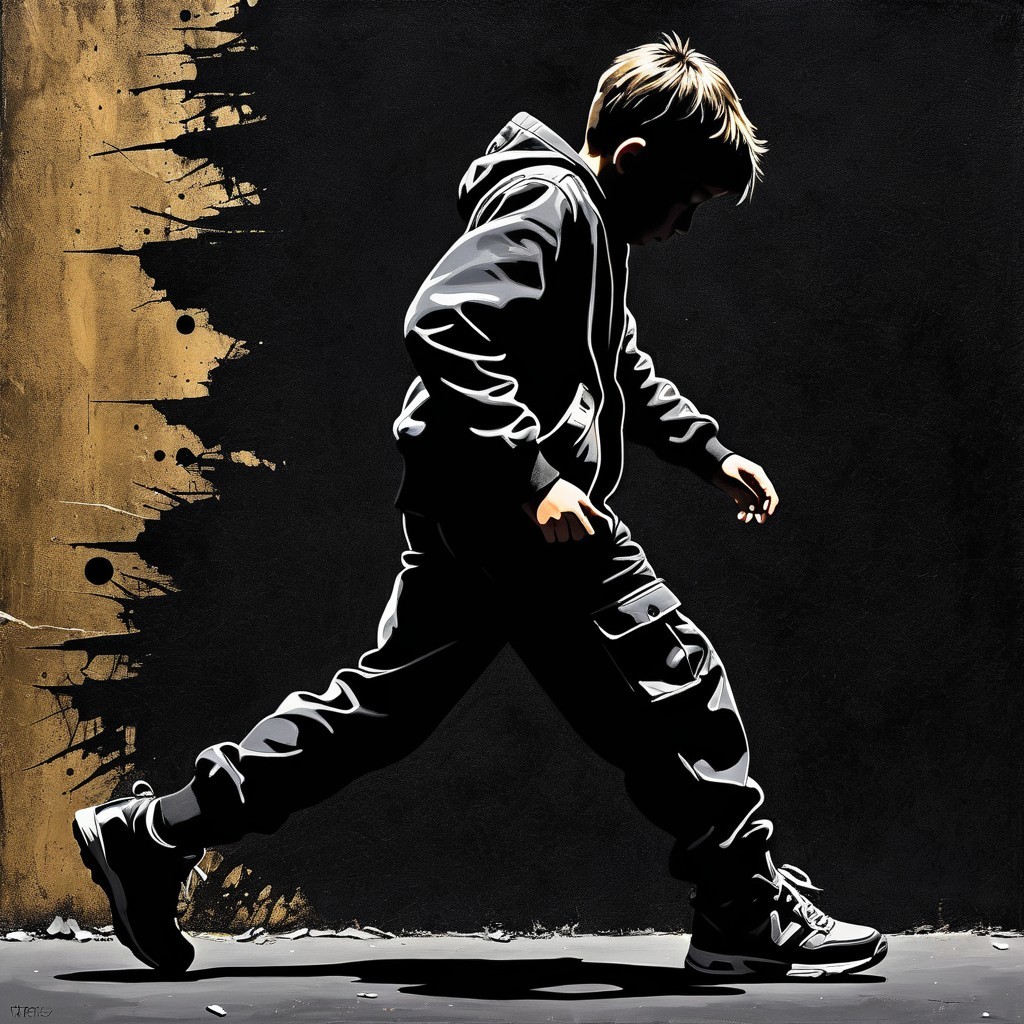 Young Boy Walking Past Abstract Painted Wall
