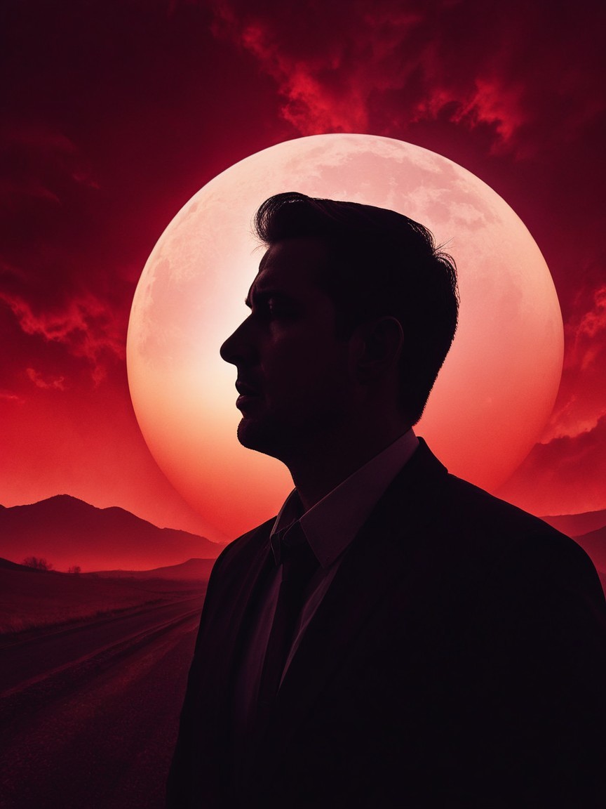 Silhouette of a Man Against Dramatic Moonlit Landscape