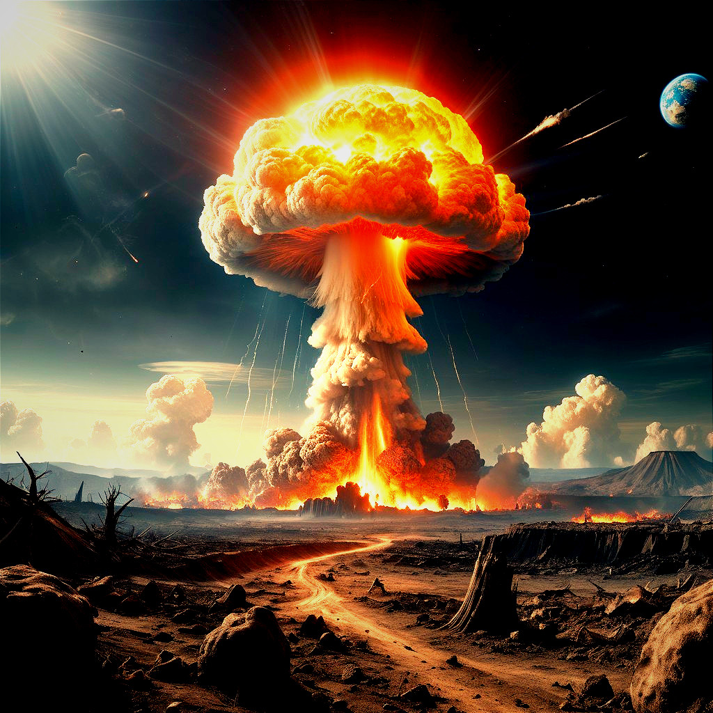 Nuclear Explosion Over Barren Landscape and Sky