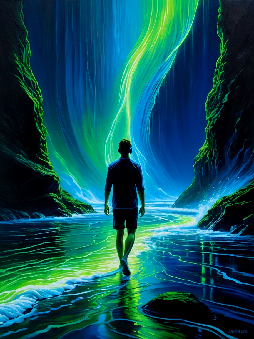 Barefoot Figure in Serene River with Ethereal Glow