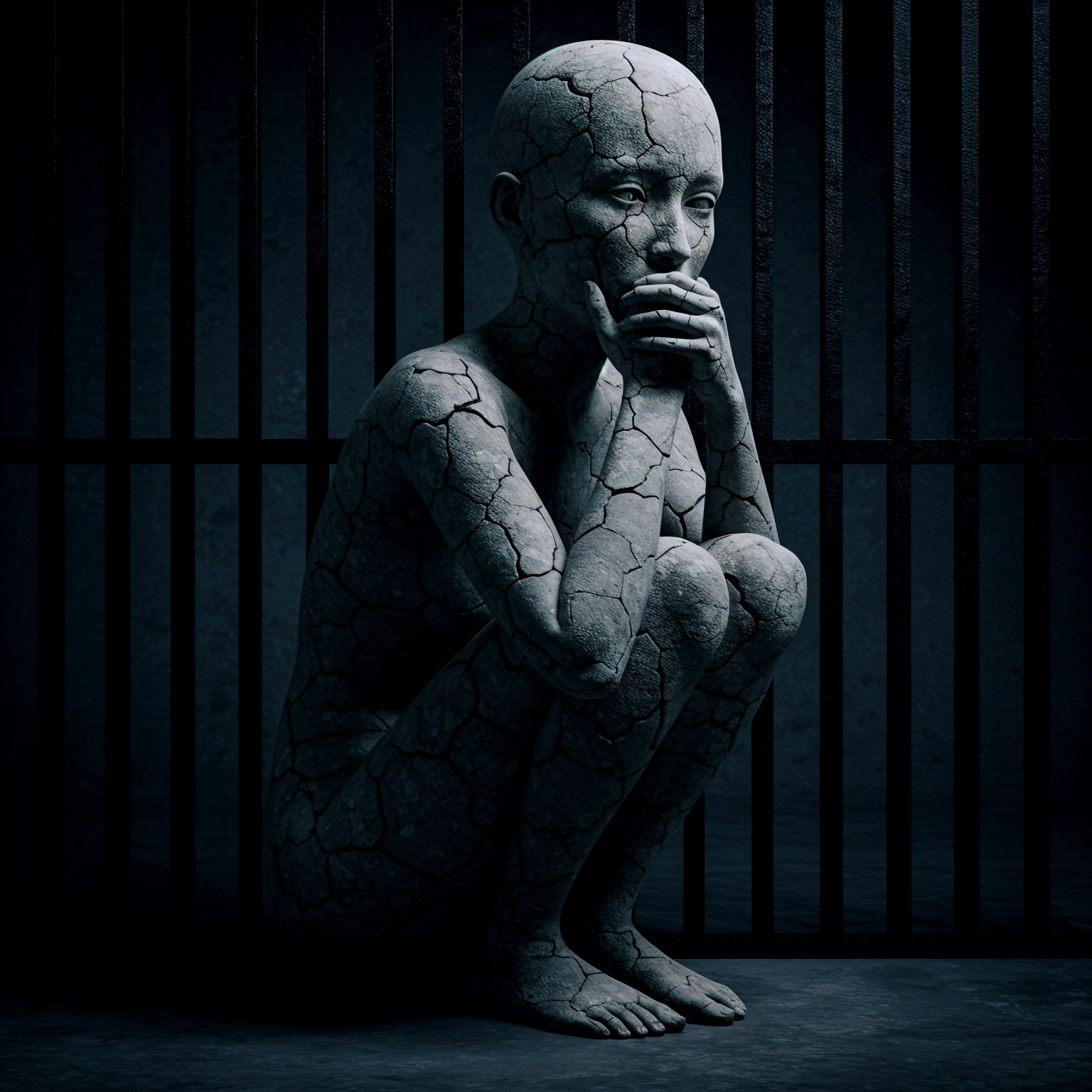 Cracked Stone Figure in Dark Confined Space