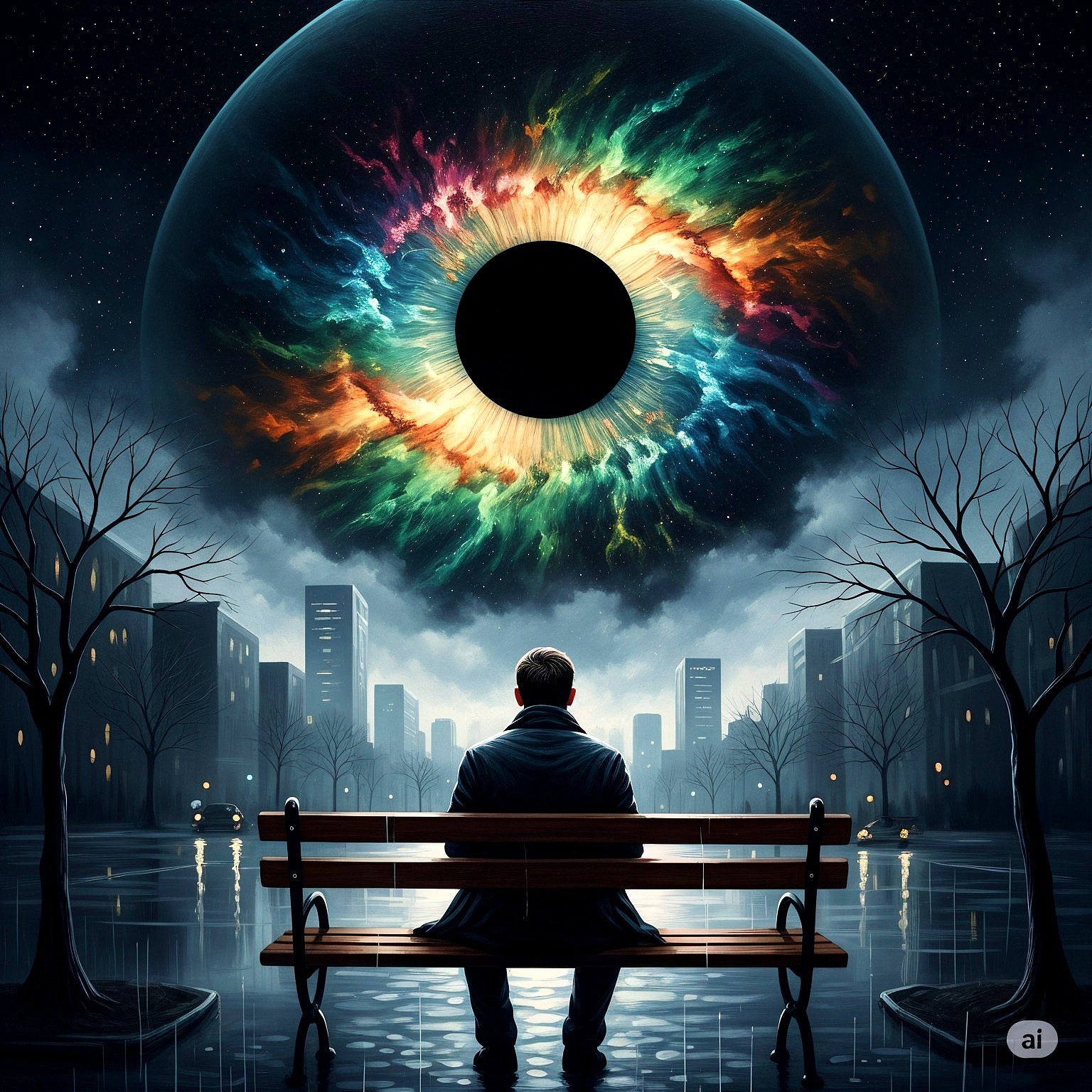 Solitary Figure Beneath Cosmic Eye in Cityscape