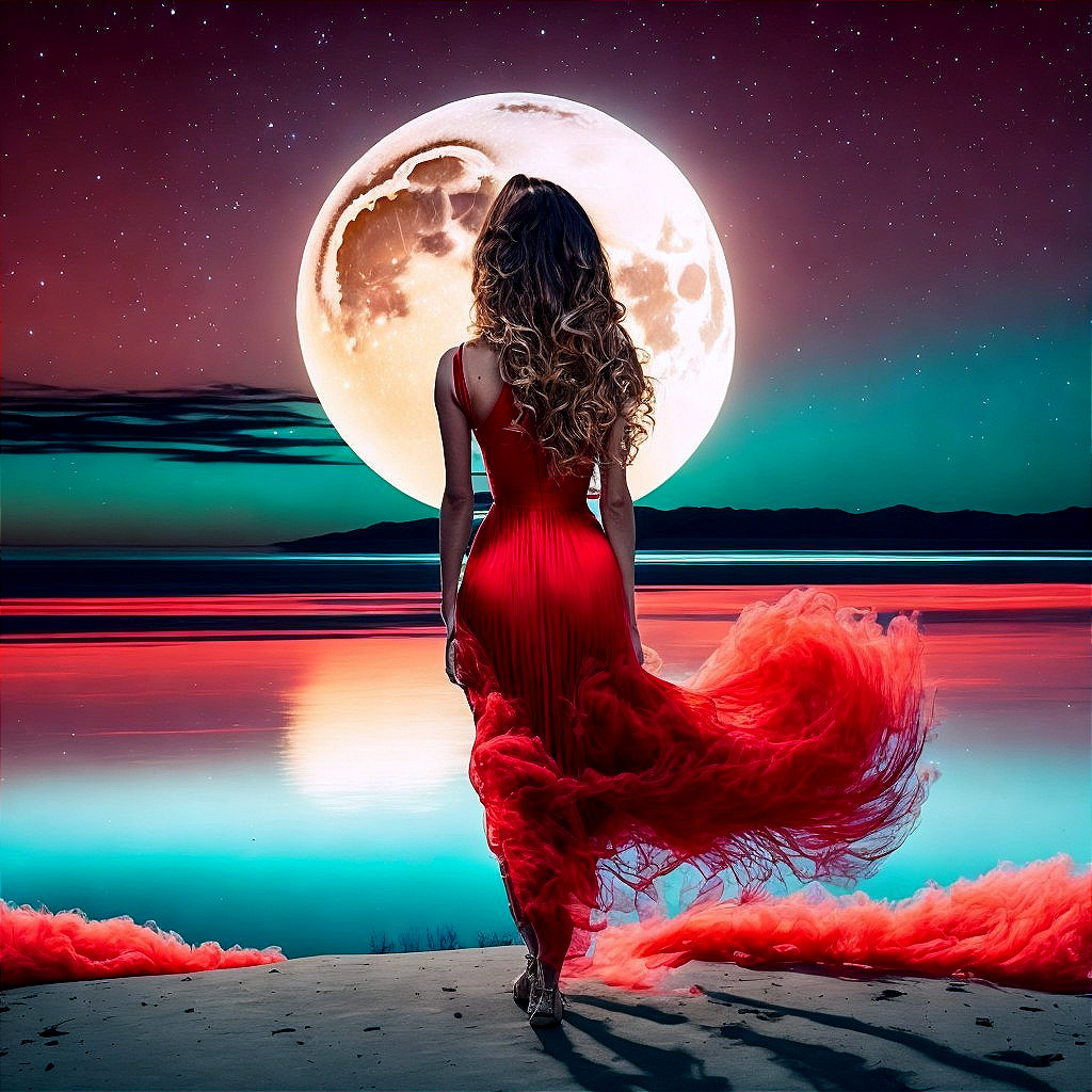Woman in Red Dress by Moonlit Water Scene