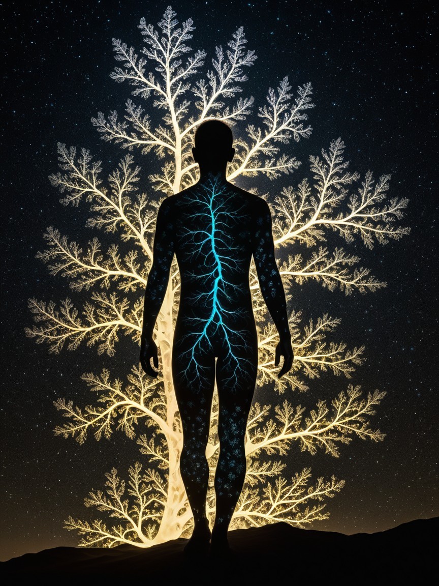 Silhouetted Figure with Glowing Tree and Starry Background