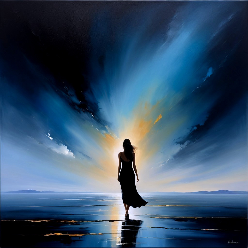 Silhouette of Woman Against Colorful Horizon and Water