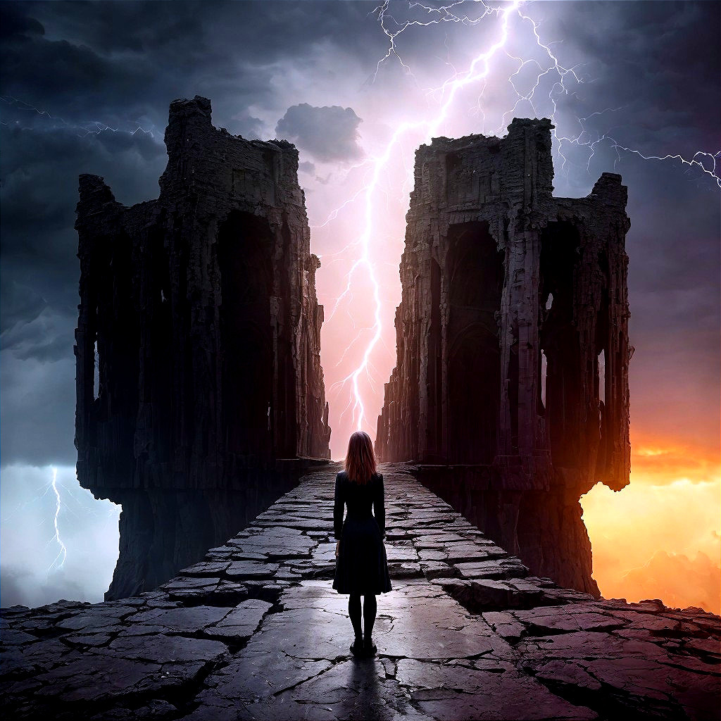 Solitary Figure on Crumbling Pathway with Dramatic Sky