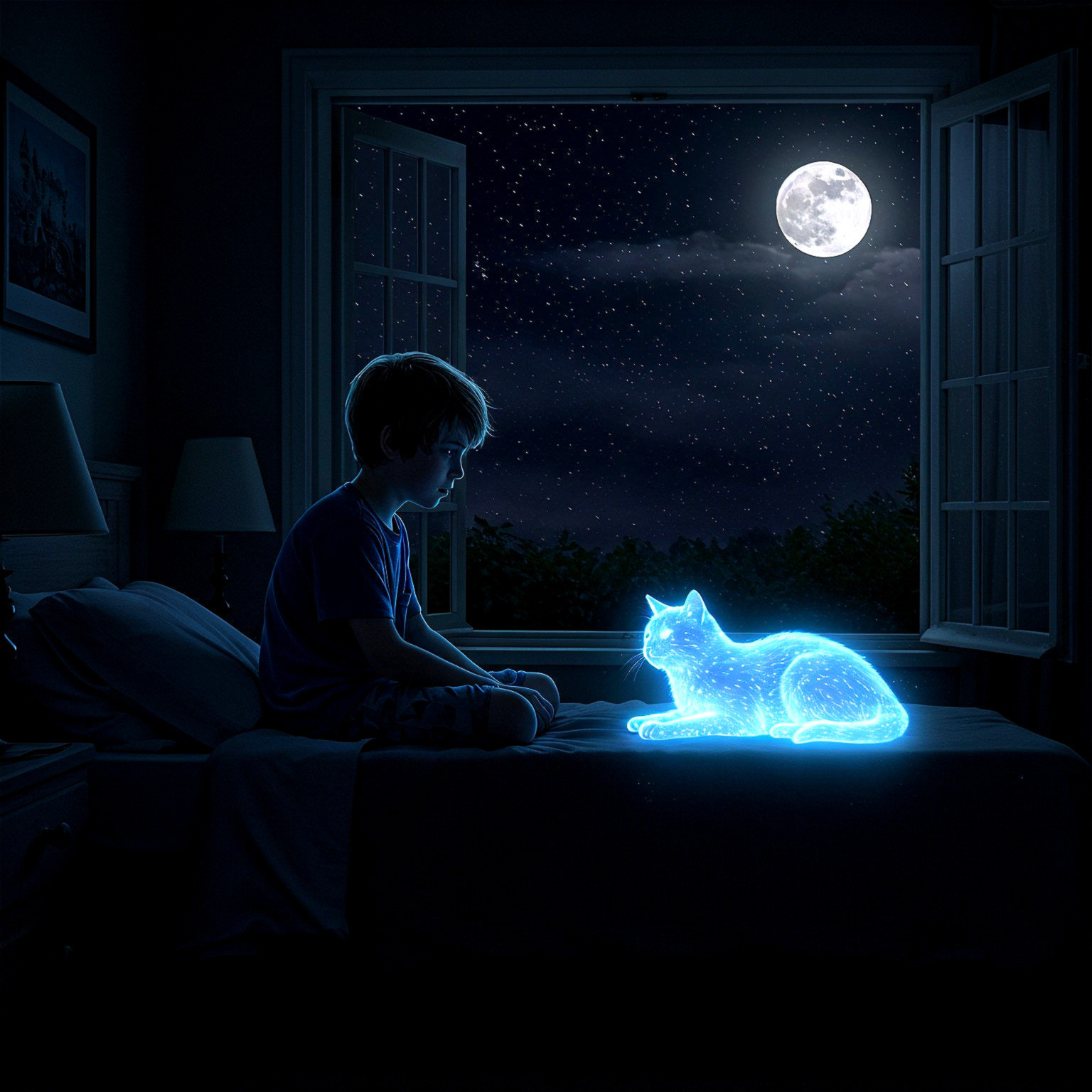 Young boy with glowing blue cat in magical bedroom