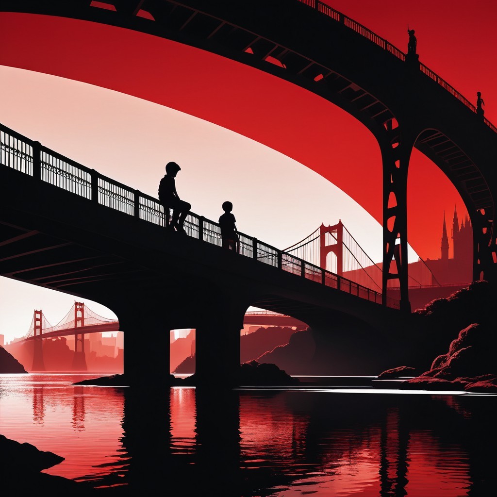 Silhouette Scene of Figures on a Bridge at Sunset