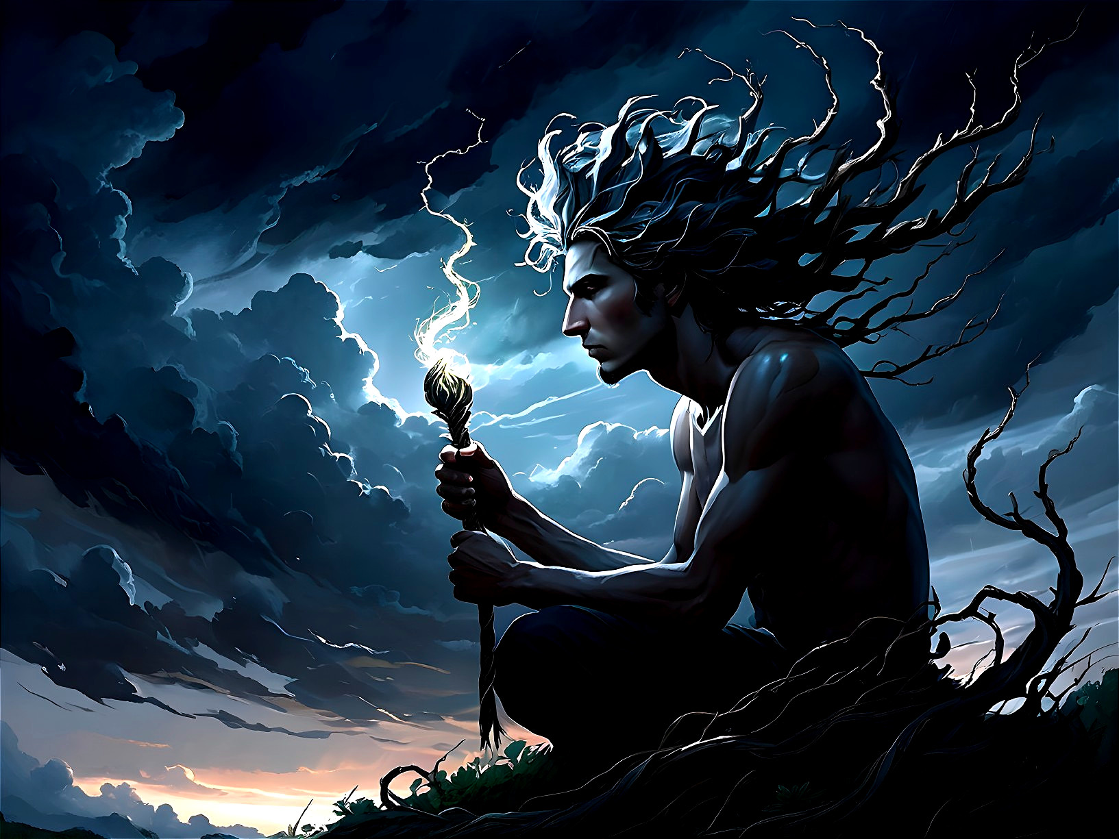 Muscular Figure in Dynamic Pose Amidst Stormy Clouds