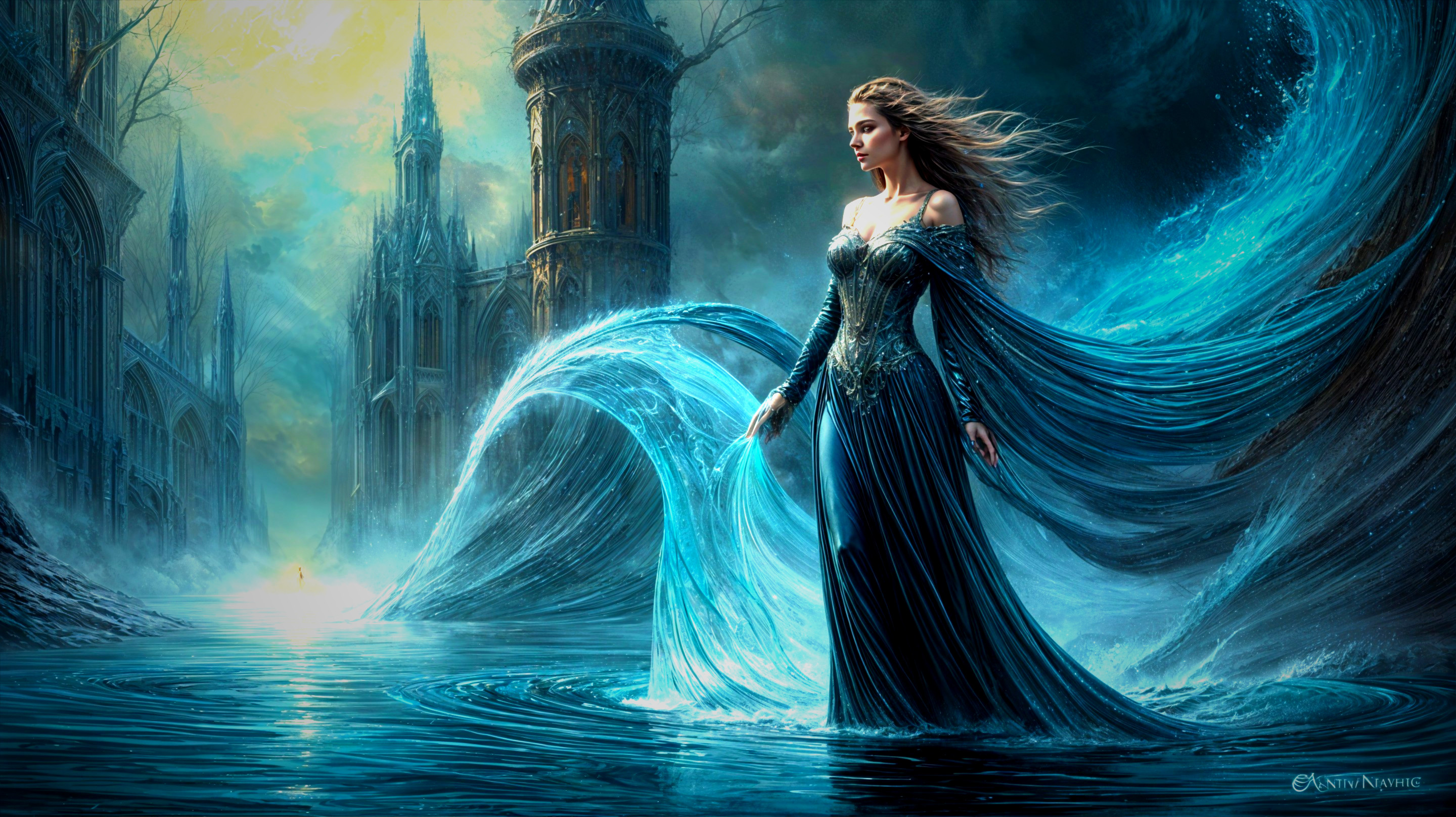 Serene Figure in Blue Gown by Mystical Water