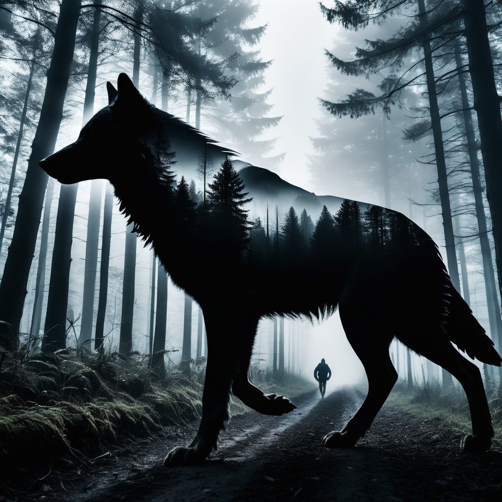 Translucent Black Wolf on Foggy Forest Path