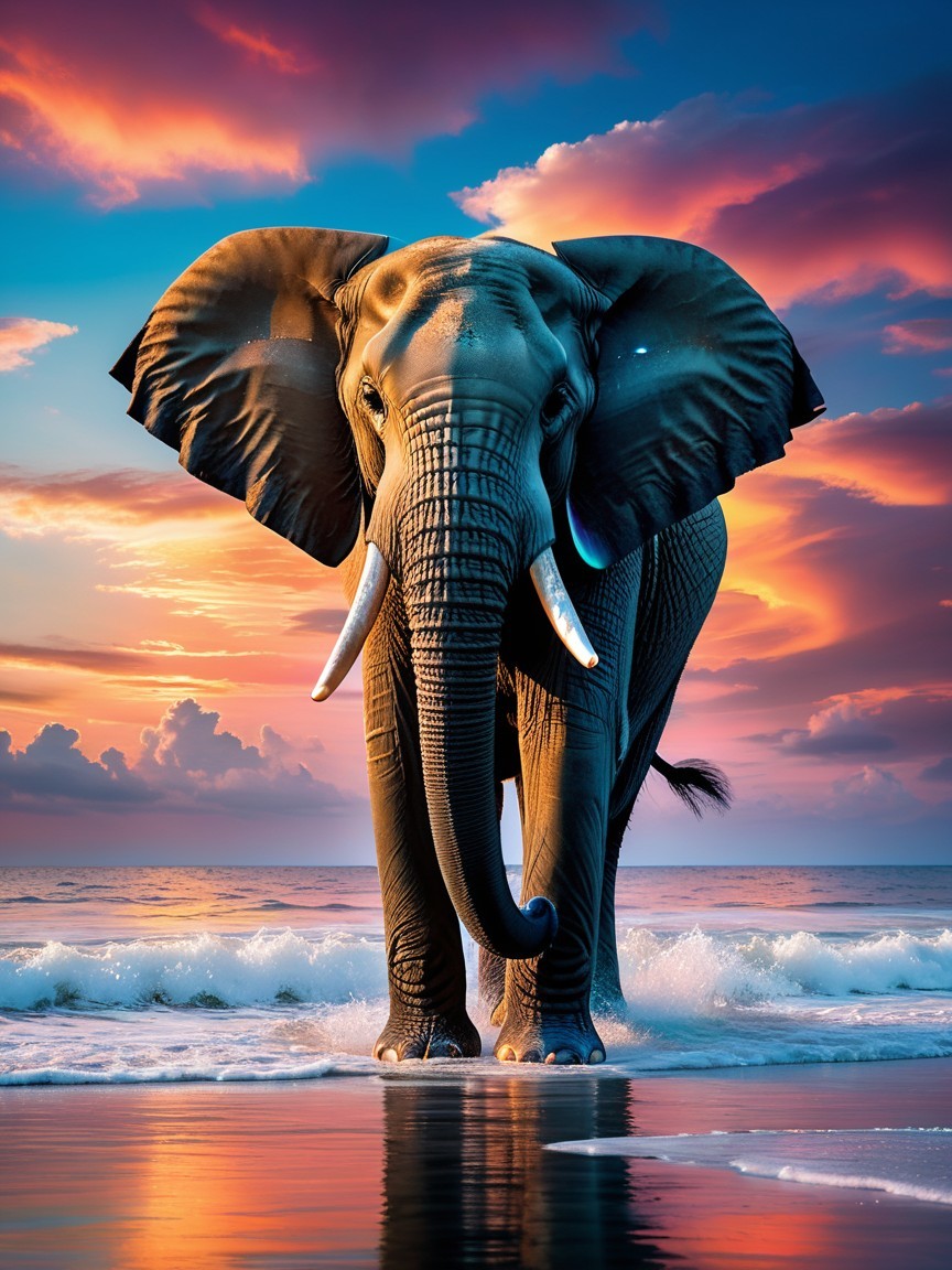 Elephant at Beach During Vibrant Sunset Scene