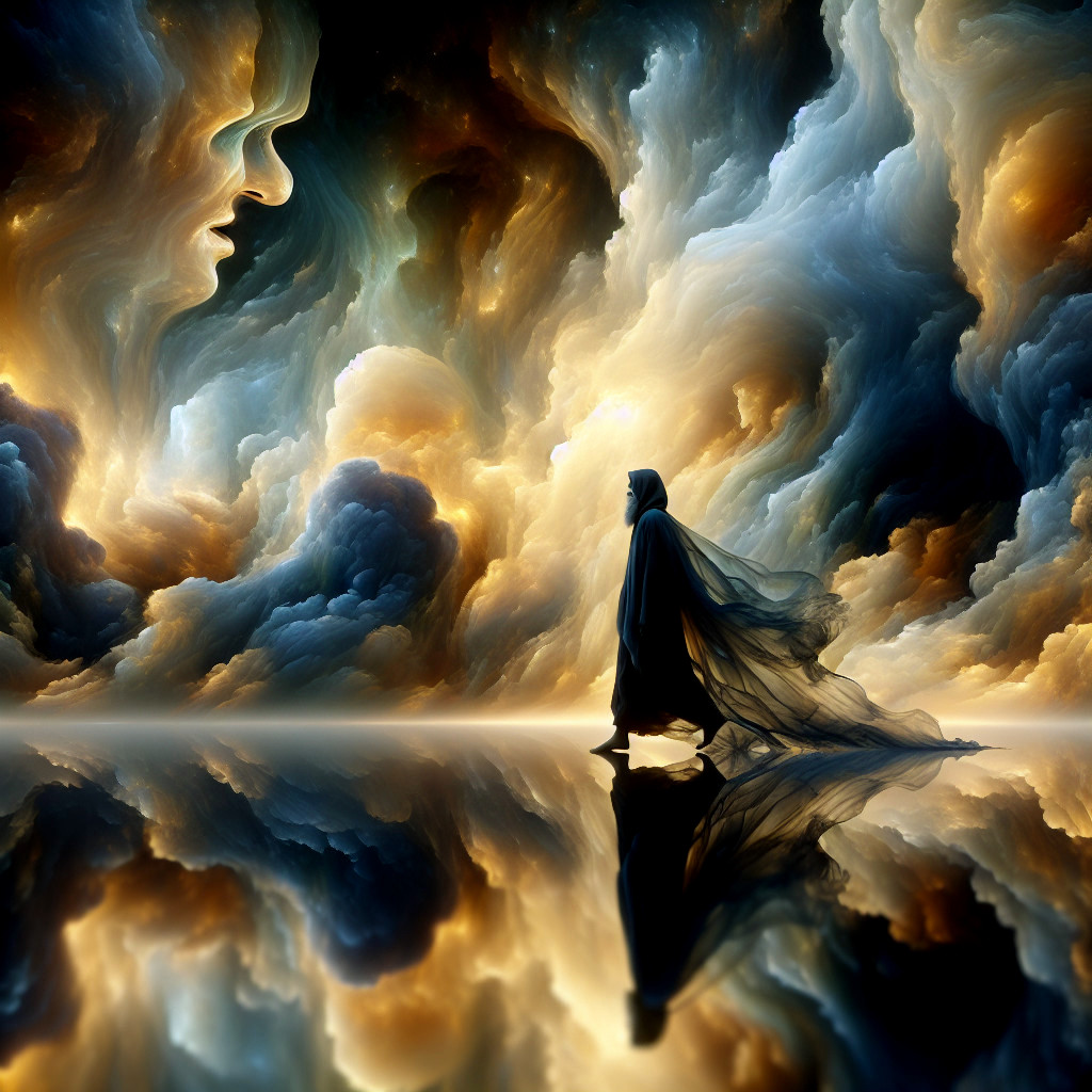 Cloaked figure in surreal landscape with vibrant clouds
