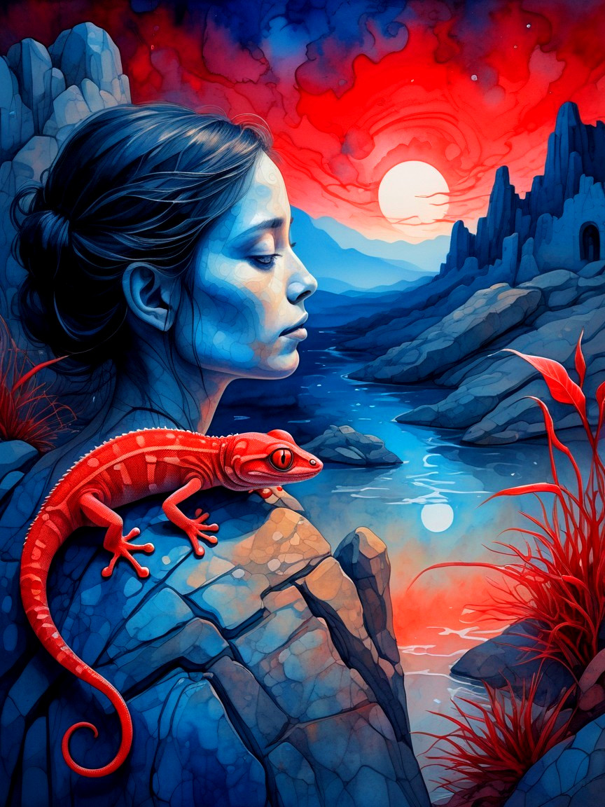Tranquil Dusk Landscape with Woman and Lizard