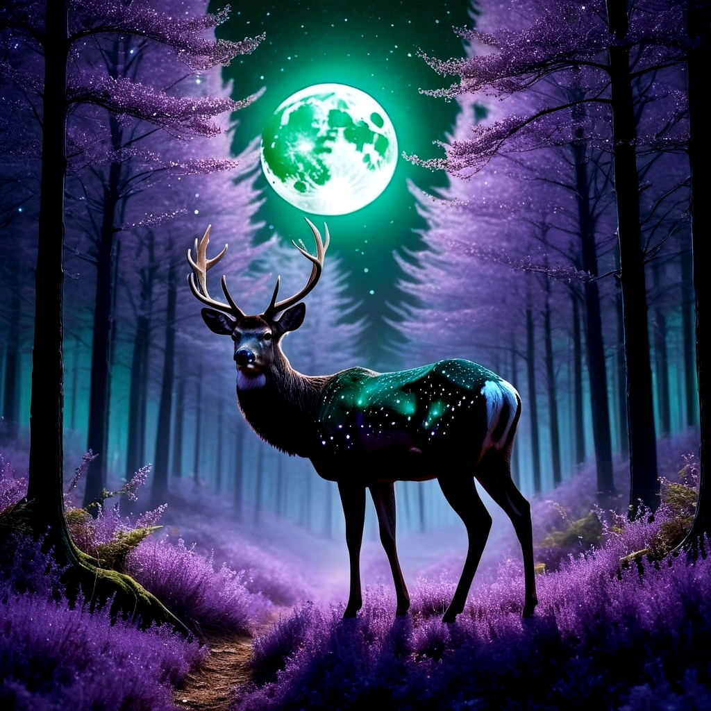Majestic deer in a magical forest under a glowing moon