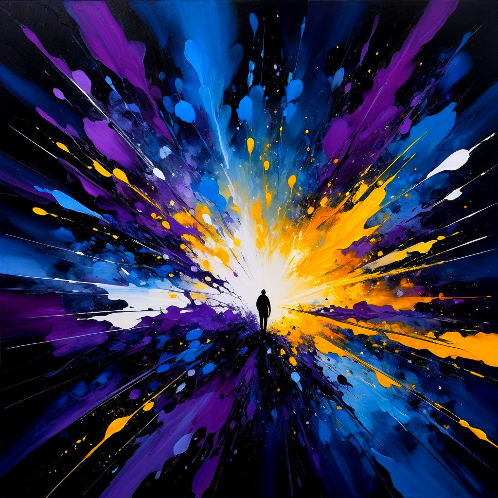 Vibrant Abstract Painting with Central Silhouetted Figure