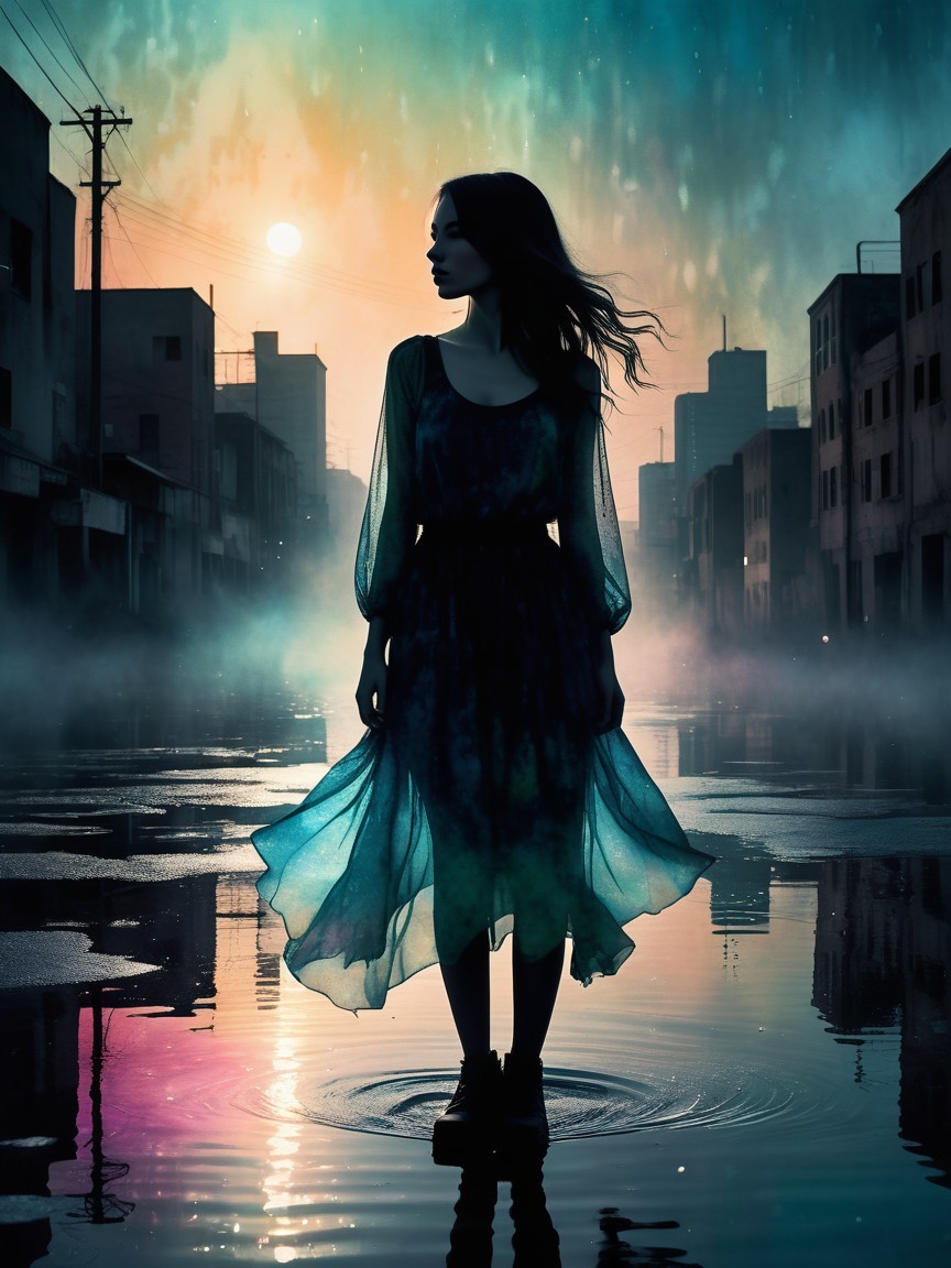 Silhouette of Woman in Ethereal Dress by Waterway