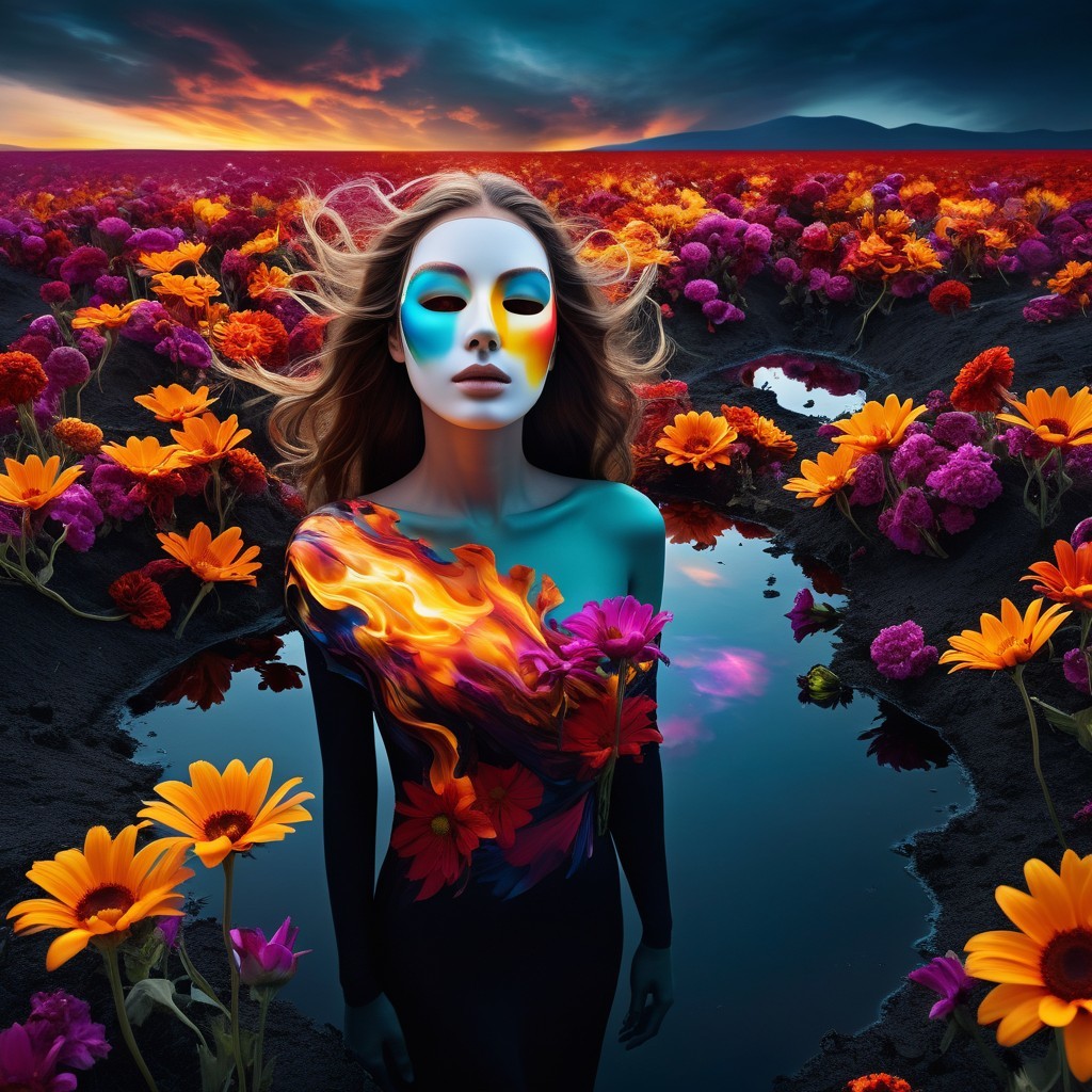 Surreal Landscape with Vibrant Flowers and Reflective Pool