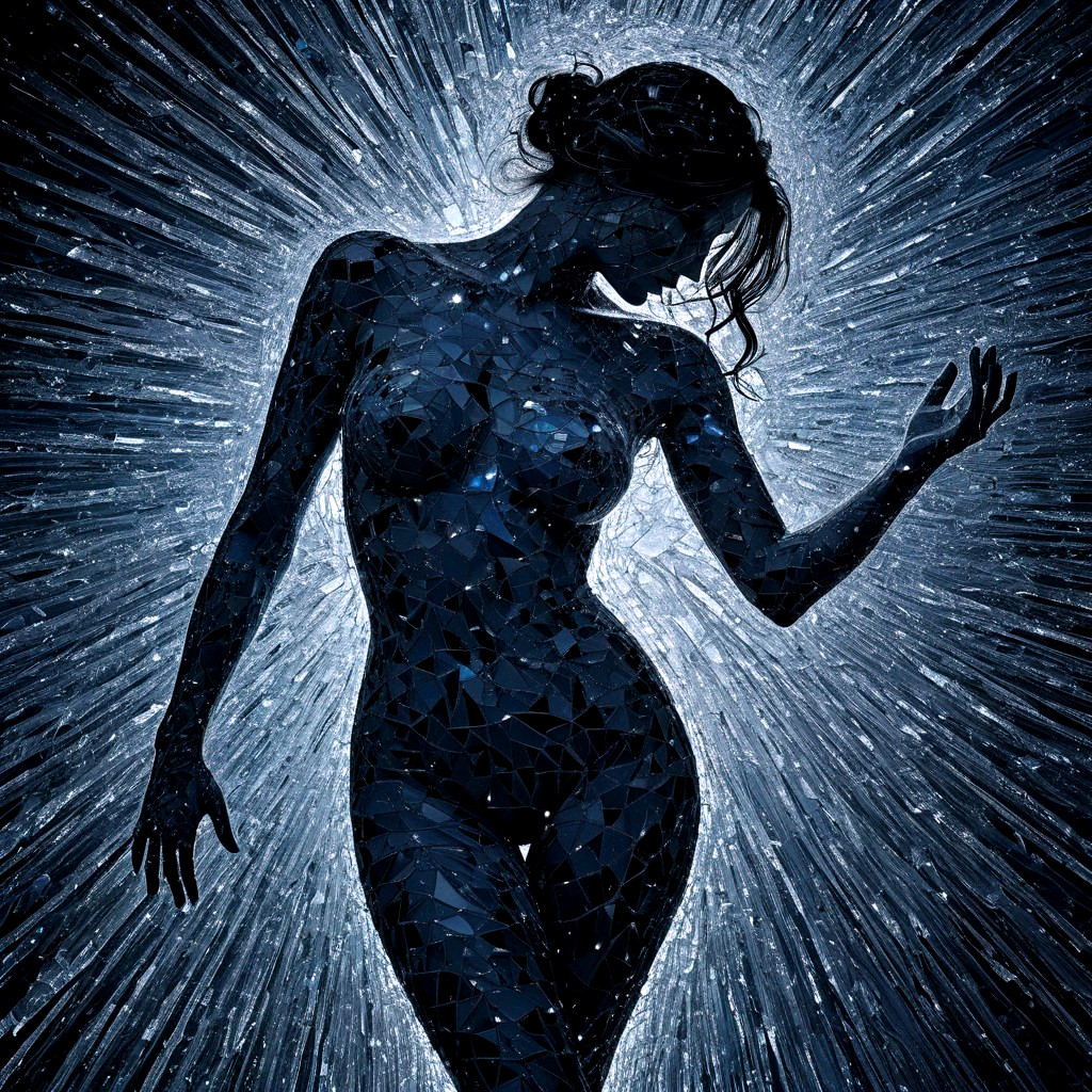 Silhouette of a Woman in Mosaic Patterns with Light Rays