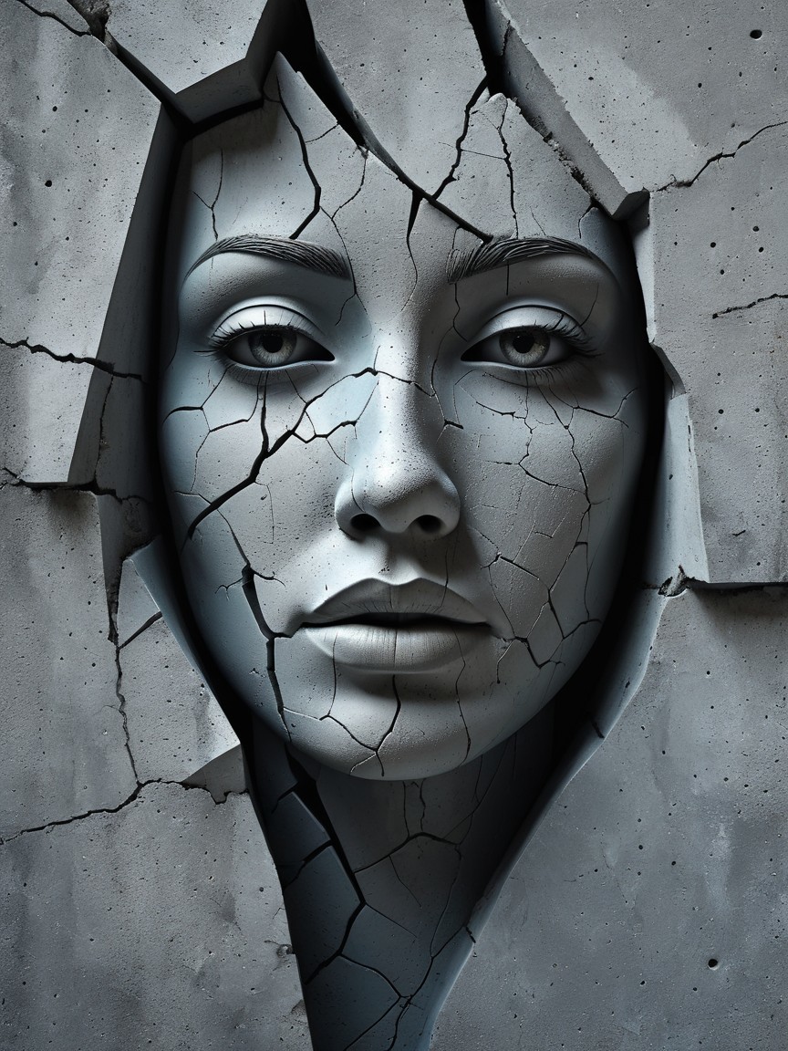 Digital Artwork of Female Face with Cracks in Concrete
