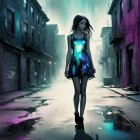 Tall girl in galaxy-print dress in misty alleyway