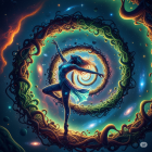 Cosmic Dancer Among Vines and Galaxies in Colorful Scene