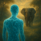 Translucent figure gazes at elephant in serene landscape