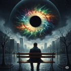 Solitary Figure Beneath Cosmic Eye in Cityscape