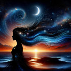 Cosmic Silhouette of Woman Against Sunset and Ocean
