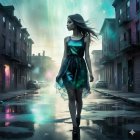 Young woman in iridescent dress on deserted street