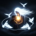 Mystical Embrace with Glowing Birds in Black-and-White