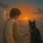 Ethereal Scene of Angel and Contemplative Black Cat