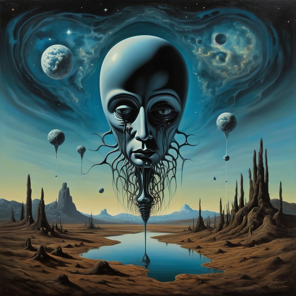 Surreal Landscape with Giant Ethereal Face and Lake