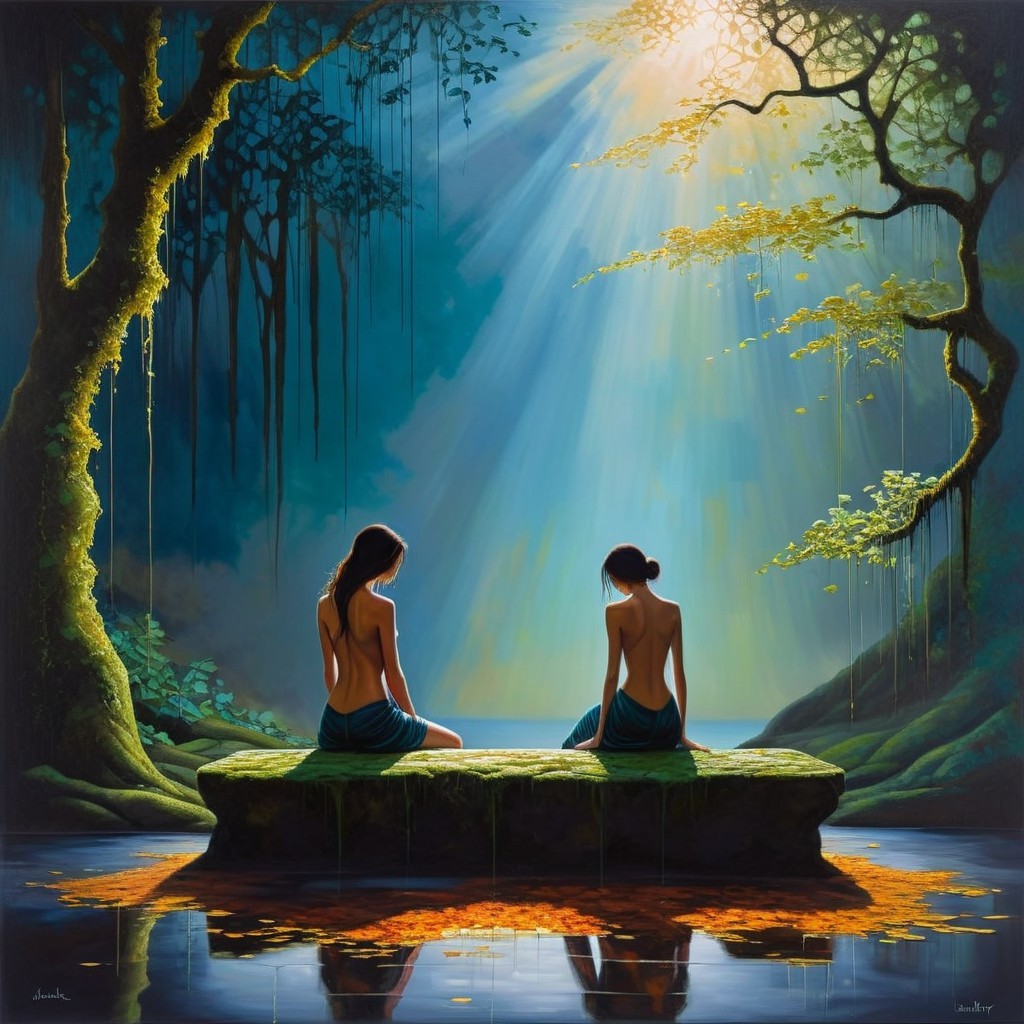Serene Forest Scene with Women by Reflective Water