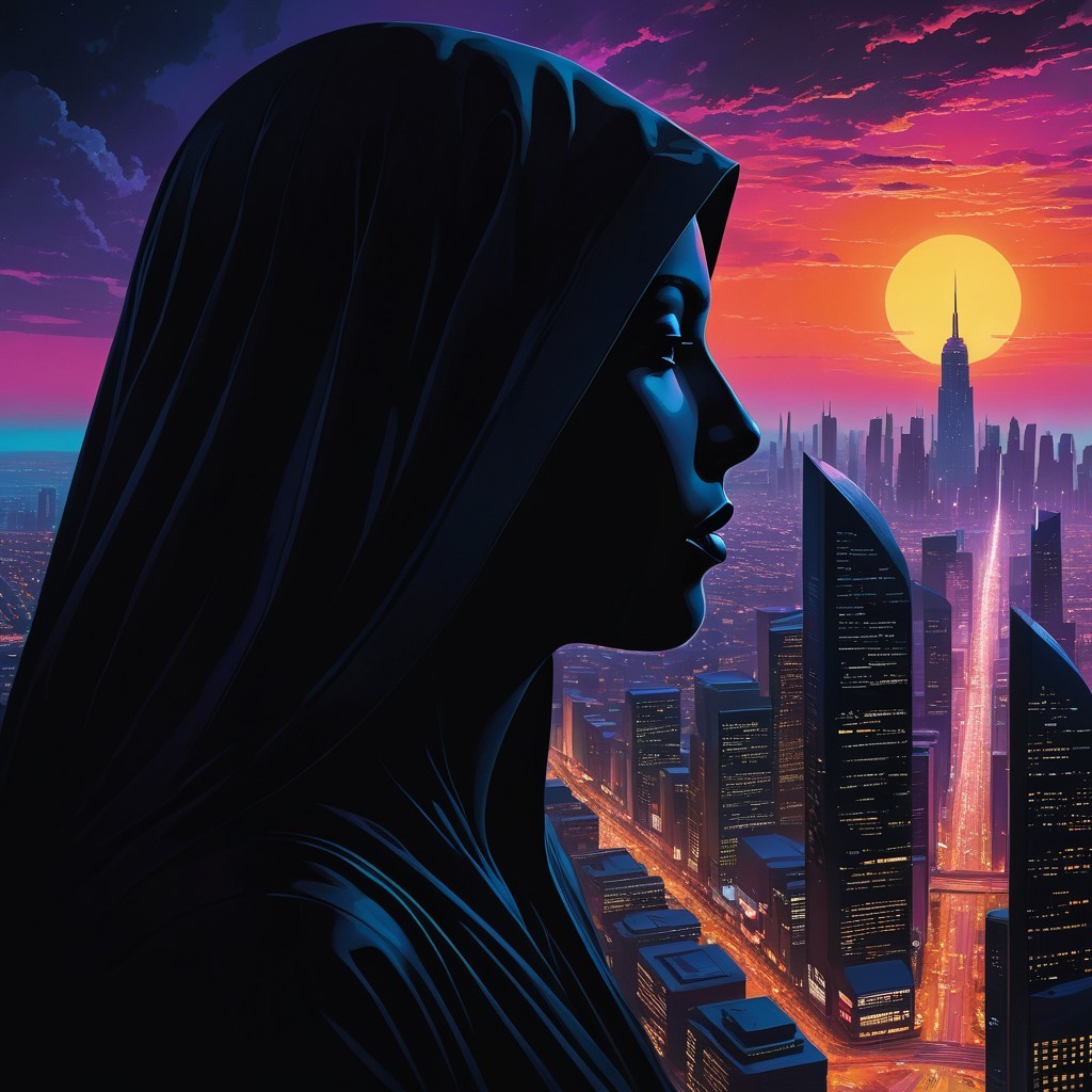 Silhouette of a Woman in Hijab Against Sunset Skyline
