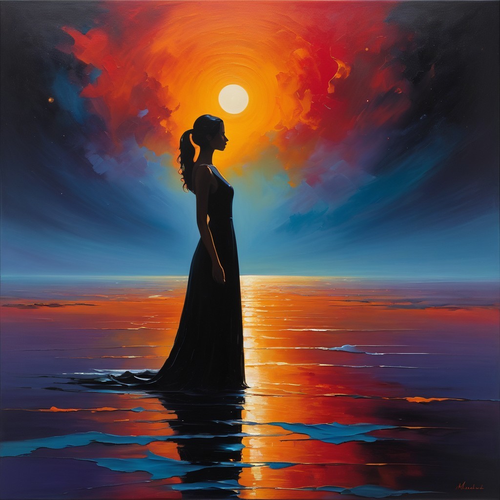 Silhouette of a Woman in Serene Sunset Waters