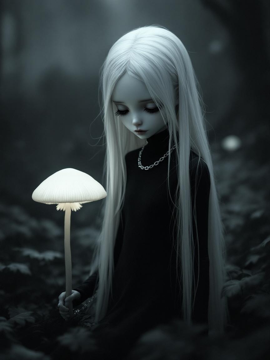 Mystical Doll in Enchanted Forest with Luminous Mushroom