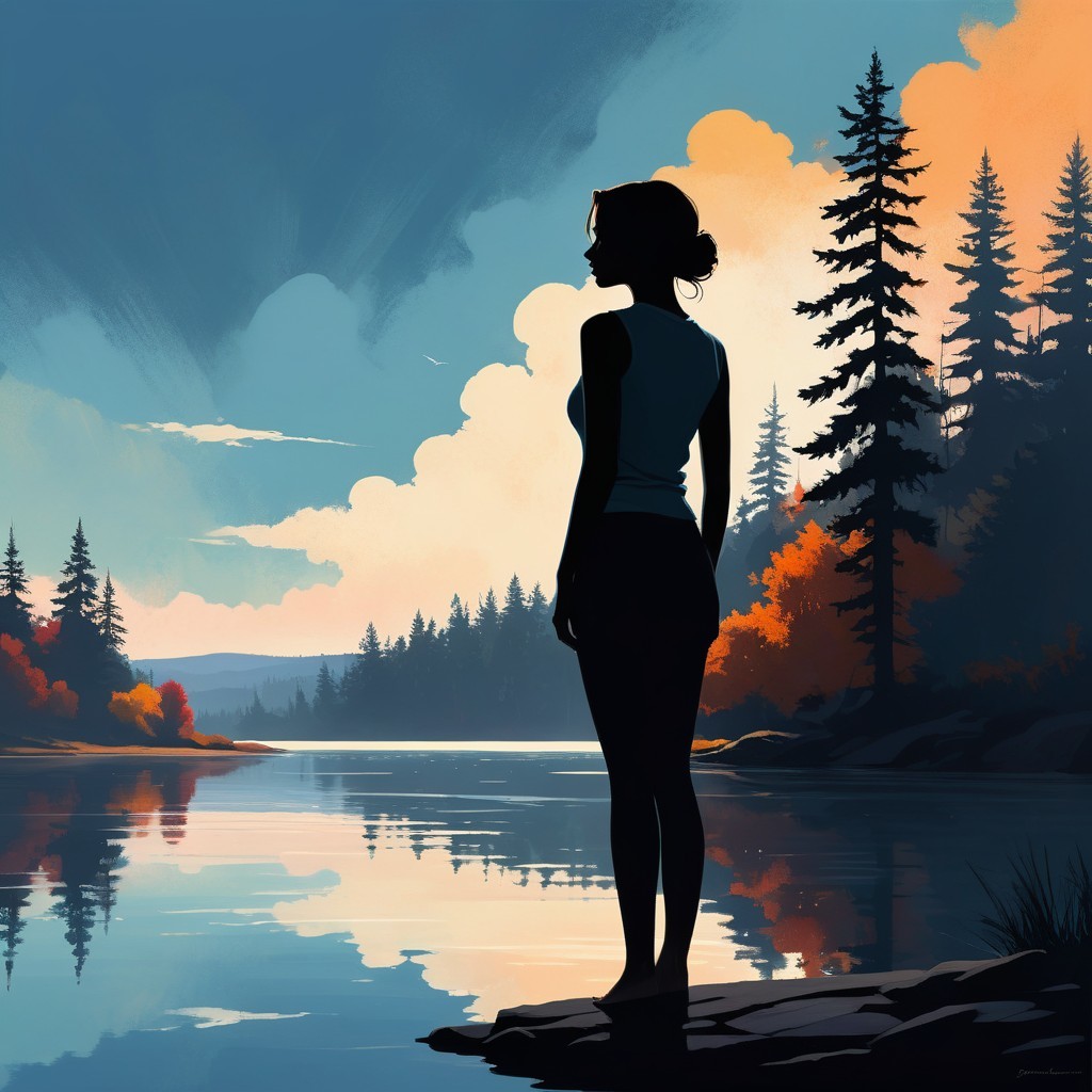 Silhouette of Woman by Tranquil Lake at Sunset