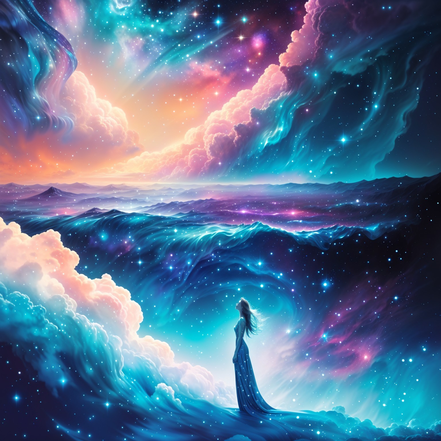 Ethereal Scene of Vibrant Clouds and Cosmic Elements