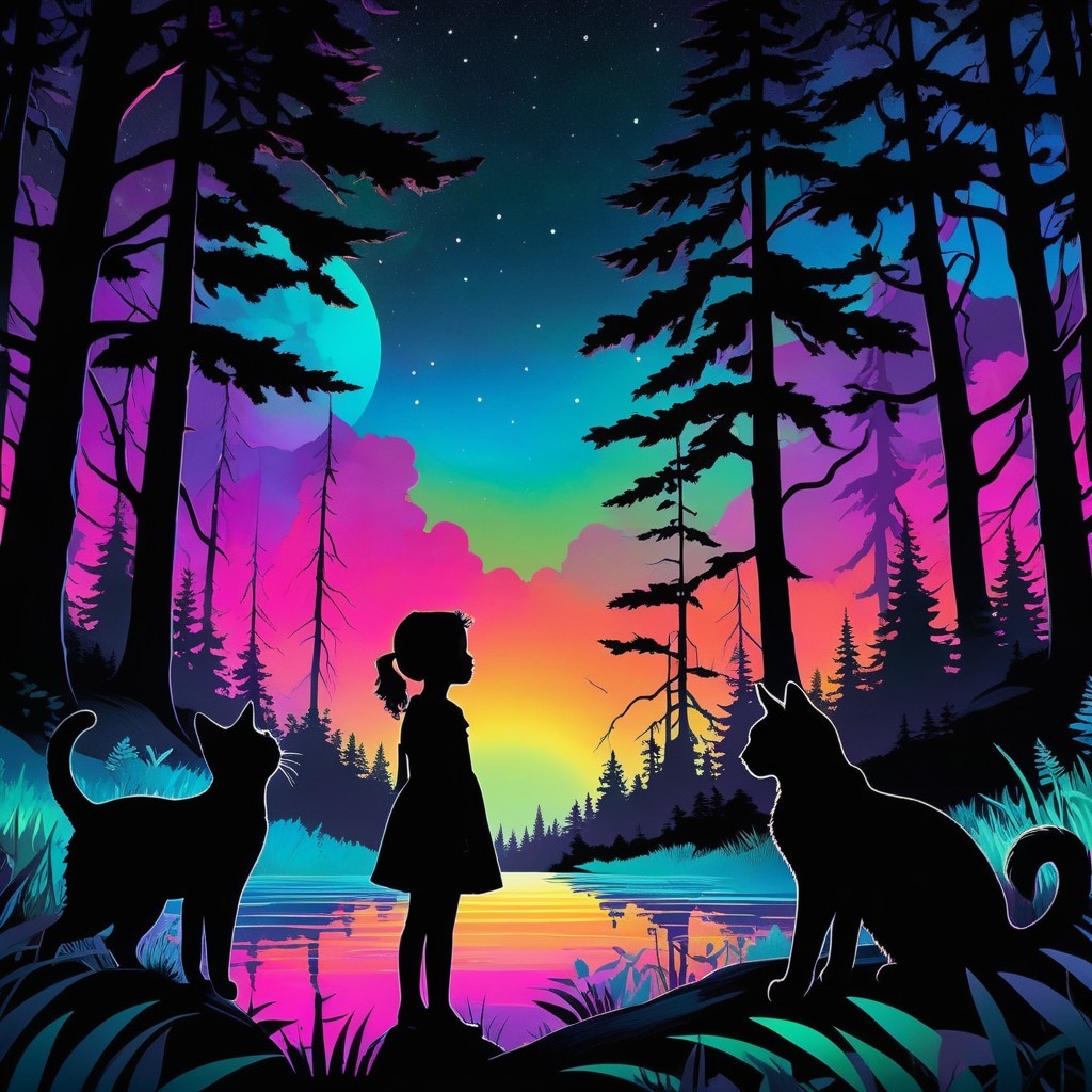Girl by a tranquil lake at sunset with pets