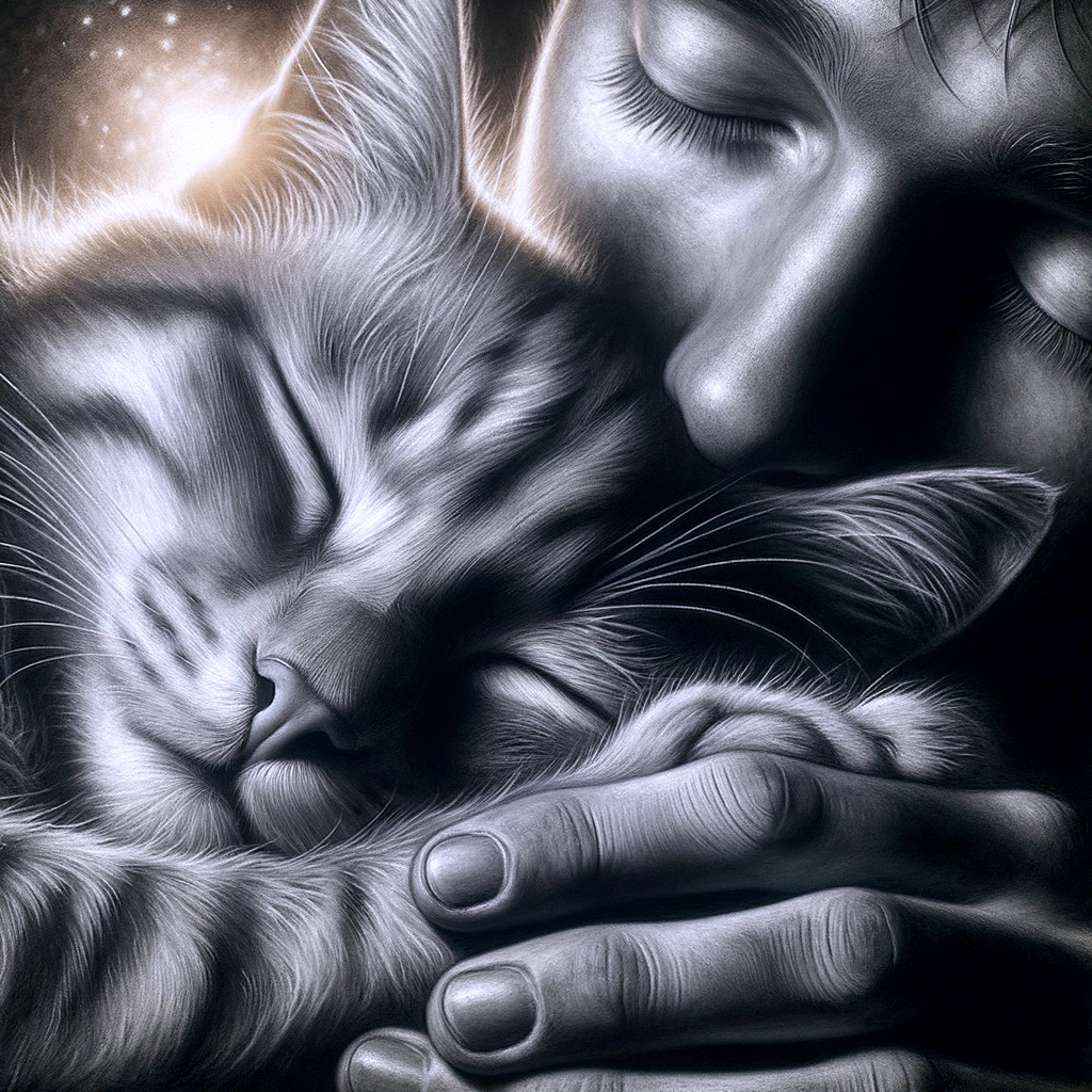 Black and white illustration of person with sleeping cat