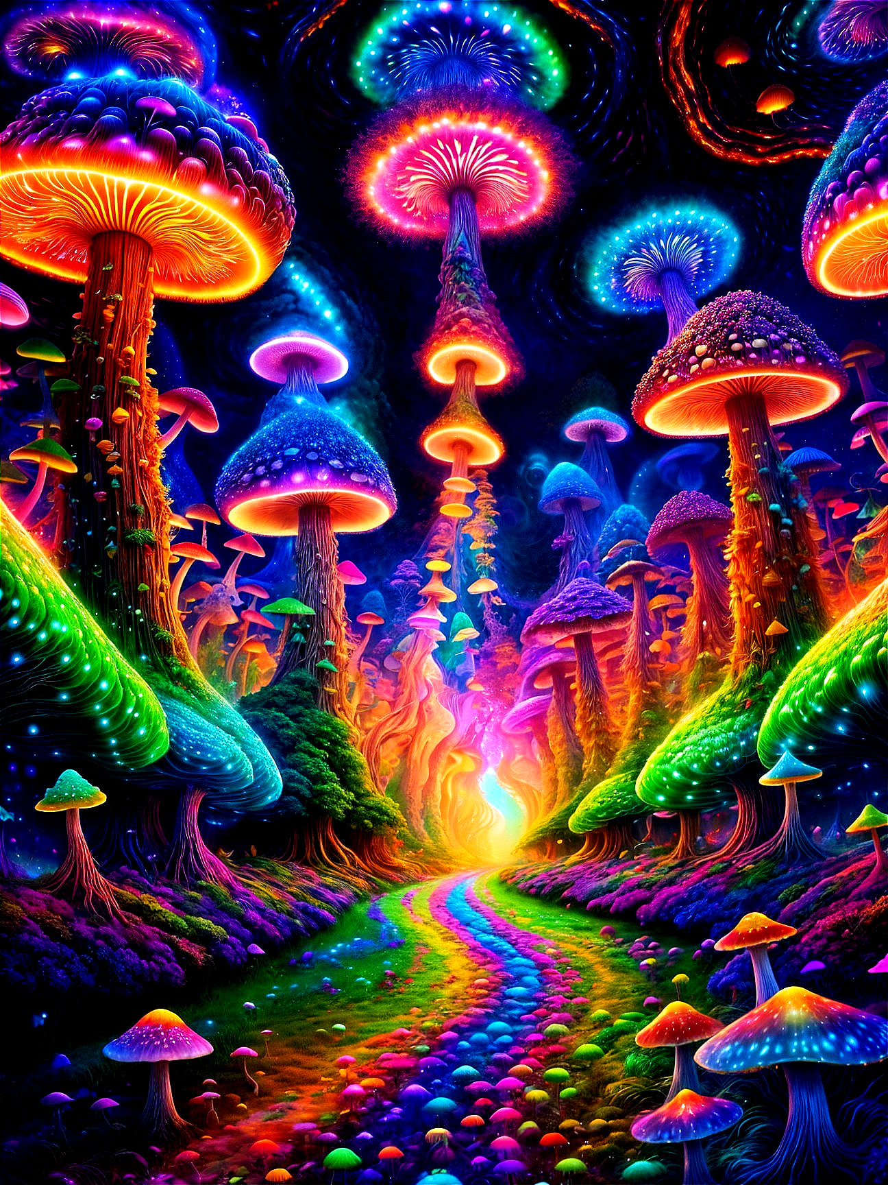 Vibrant Landscape with Luminous Mushrooms and Light